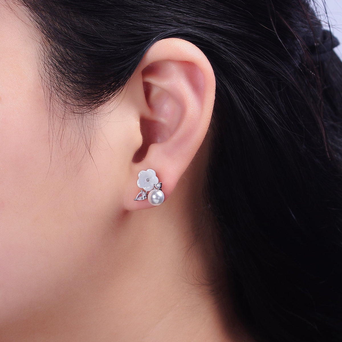 16K Gold Filled White Acrylic Flower Pearl CZ Stud Earrings in Gold & Silver | AD1558 AD1559 - Gold