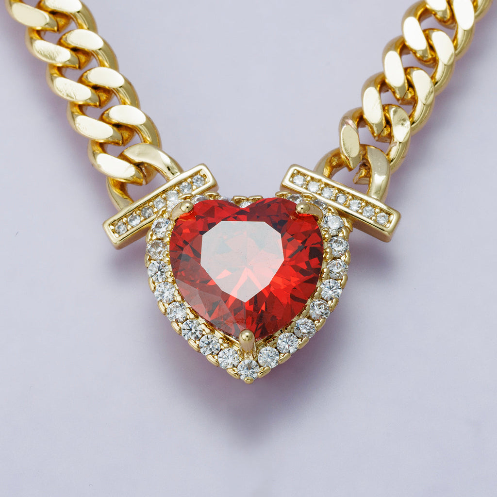 24K Gold Filled Red, Pink, Clear, Yellow, Green Heart CZ Micro Paved Curb Chain 18 Inch Necklace | WA-04190