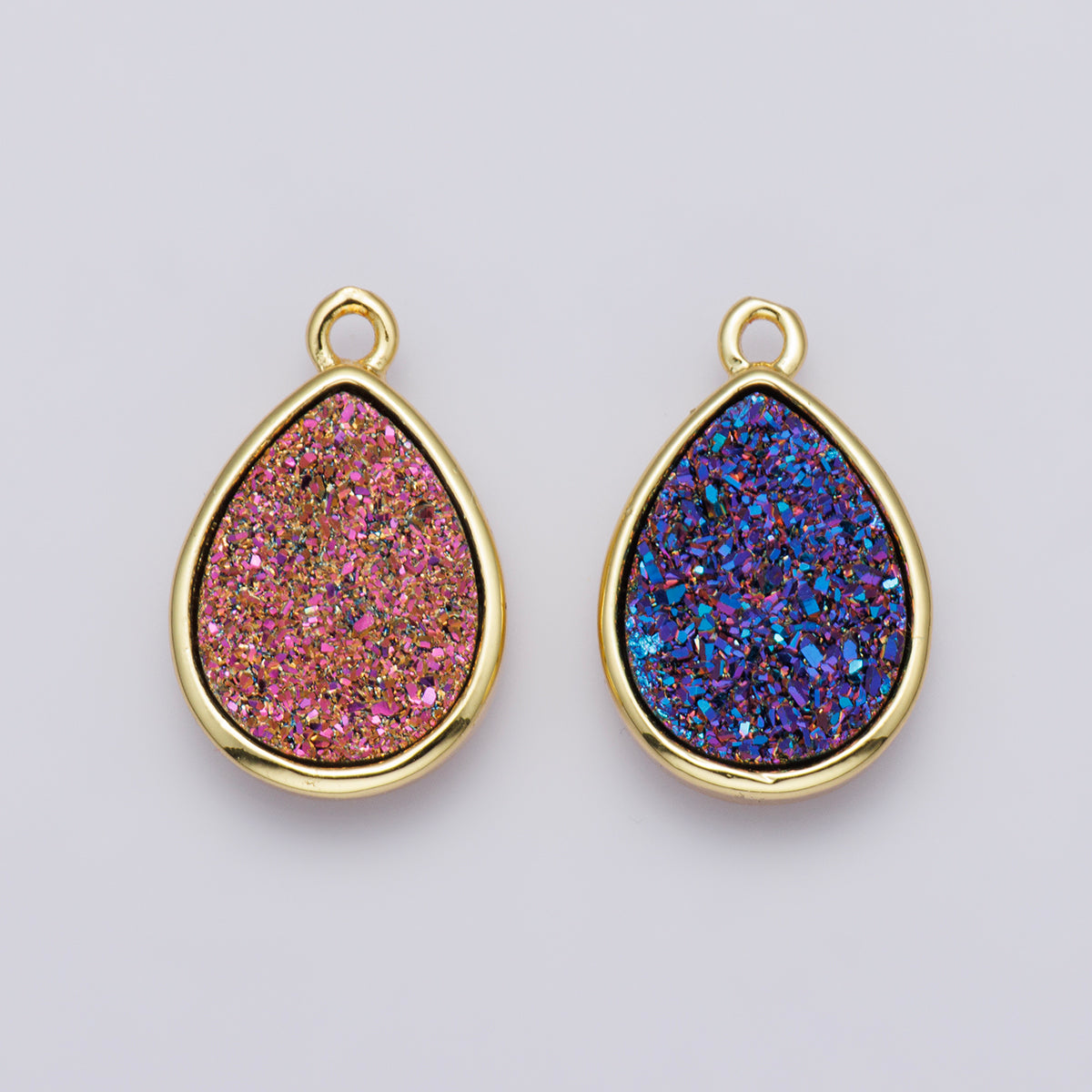 24K Gold Filled 22mm Pink, Purple Glitter Druzy Teardrop Charm | E00439
