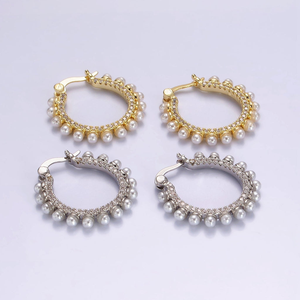 14K Gold Filled 23.5mm Micro Paved CZ Shell Pearl Dotted Latch Hoop Earrings in Gold & Silver | AE993 AE994