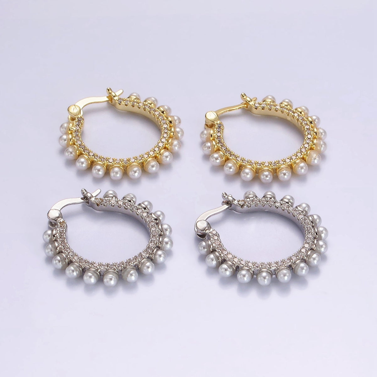 14K Gold Filled 23.5mm Micro Paved CZ Shell Pearl Dotted Latch Hoop Earrings in Gold & Silver | AE993 AE994