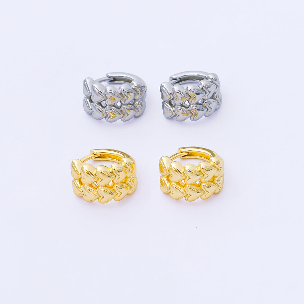24K Gold Filled 12mm Double Row Heart Huggie Earrings in Gold & Silver | AB1611 AB1612