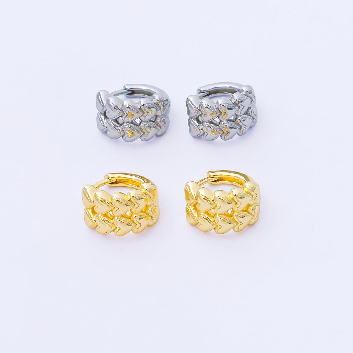 24K Gold Filled 12mm Double Row Heart Huggie Earrings in Gold & Silver | AB1611 AB1612