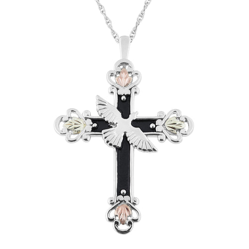 Antiqued Dove Cross - Sterling Silver Black Hills Gold Pendant
