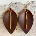 Genuine Leather Leaf Earrings with Gold Bar