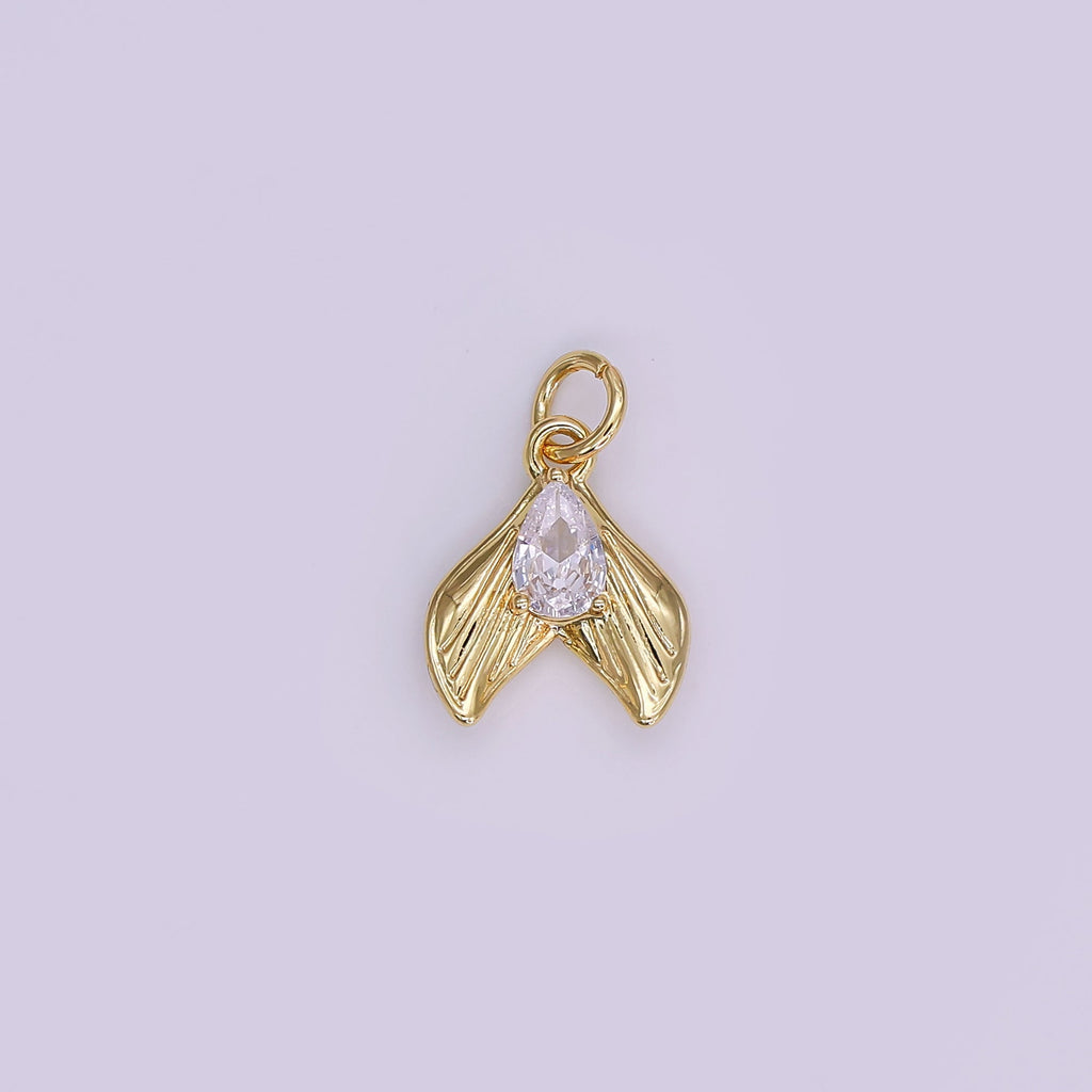 24K Gold Filled 13.5mm Clear CZ Teardrop Lined Fish Tail Charm in Gold & Silver | N858