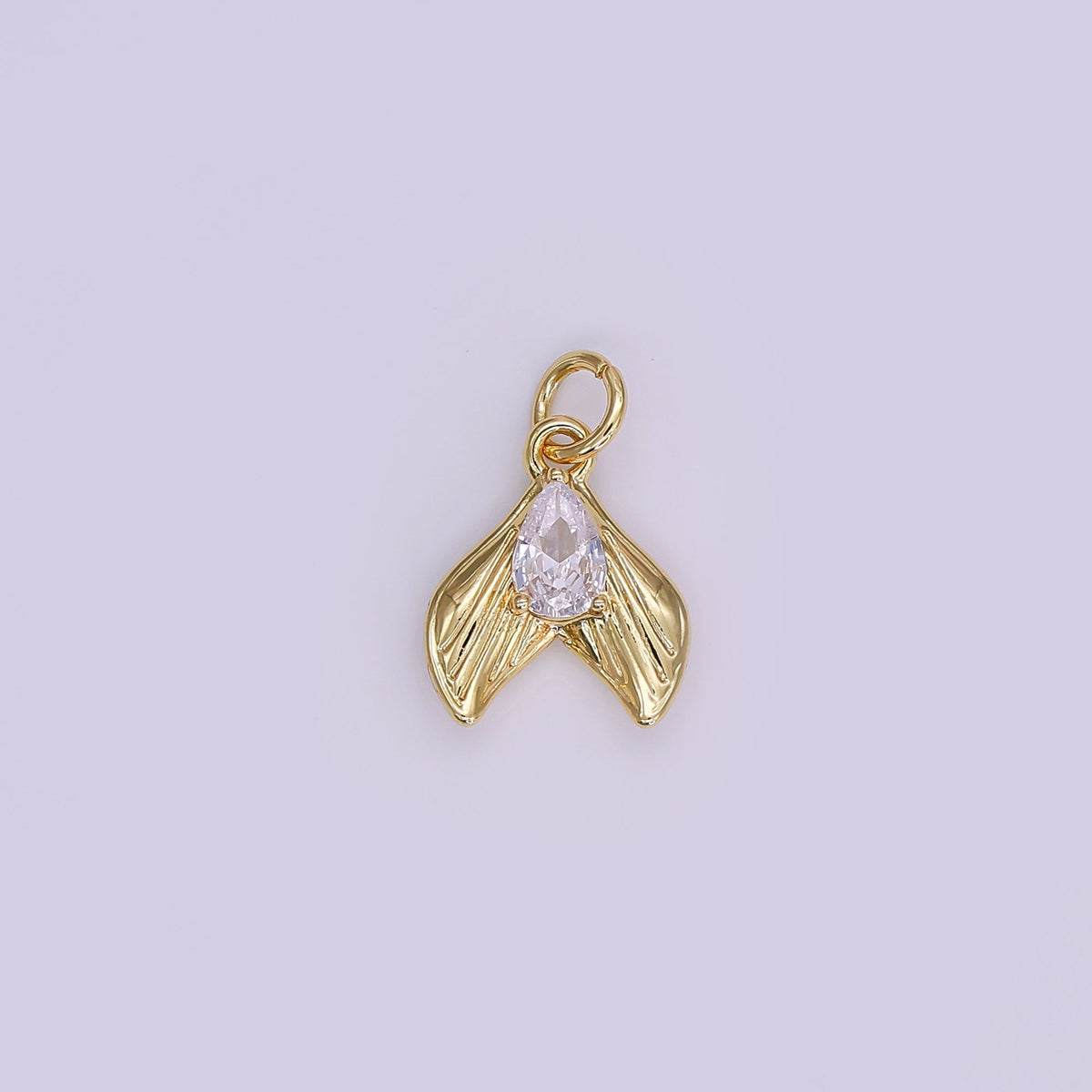 24K Gold Filled 13.5mm Clear CZ Teardrop Lined Fish Tail Charm in Gold & Silver | N858