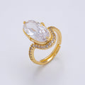 18K Gold Filled Clear Oval Micro Paved CZ Solitaire Band Adjustable Ring | O006