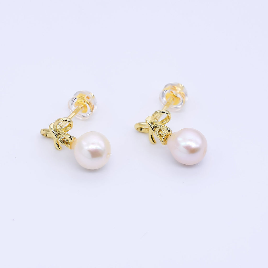 24K Gold Filled 10mm Freshwater Pearl Round Knot Bow Ribbon Drop Stud Earrings | Q417