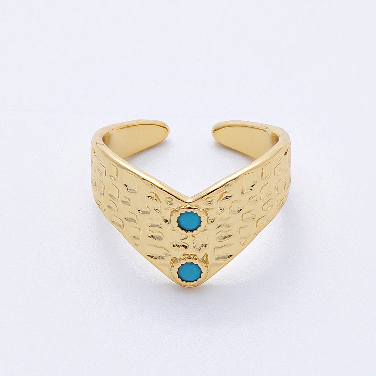 16K Gold Filled Turquoise Dotted Hammered Chevron Ring | Rings-00029