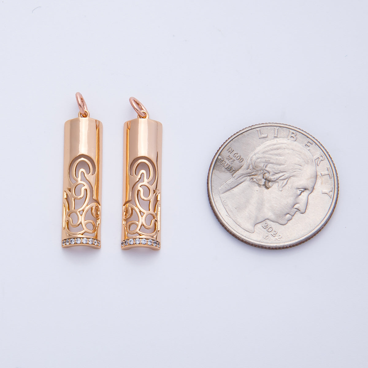 Rose Gold Filled 26mm Rose Flower Micro Paved CZ Filigree Bar Tube Charm | Charms-00394