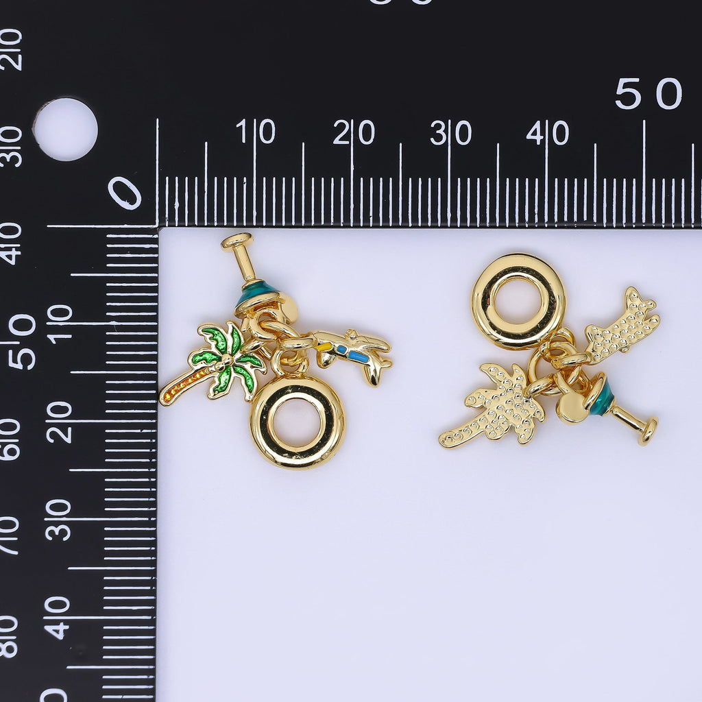 24K Gold Filled Palm Tree Cocktails Airplane Jet Vacation Travel Set Rondelle Drop Charm | AC1650