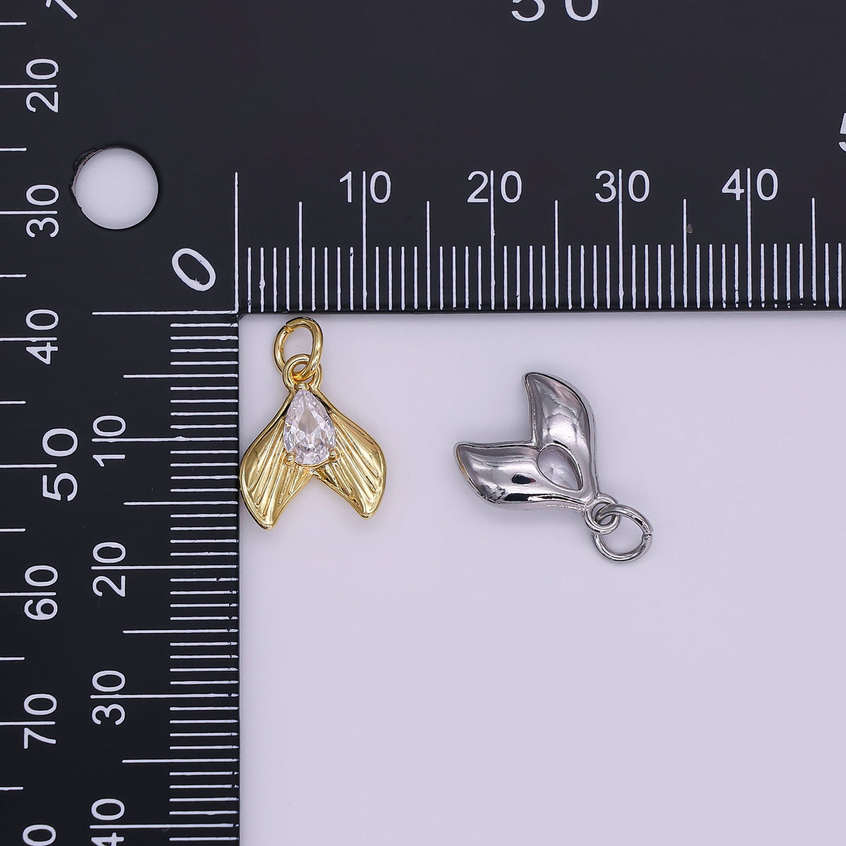 24K Gold Filled 13.5mm Clear CZ Teardrop Lined Fish Tail Charm in Gold & Silver | N858
