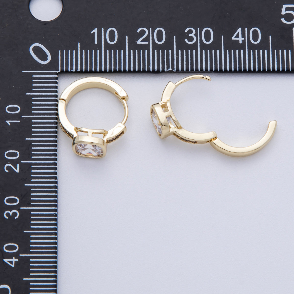 14K Gold Filled 15mm Clear CZ Square Solitaire Baguette Paved Hoop Earrings | Earrings-00148