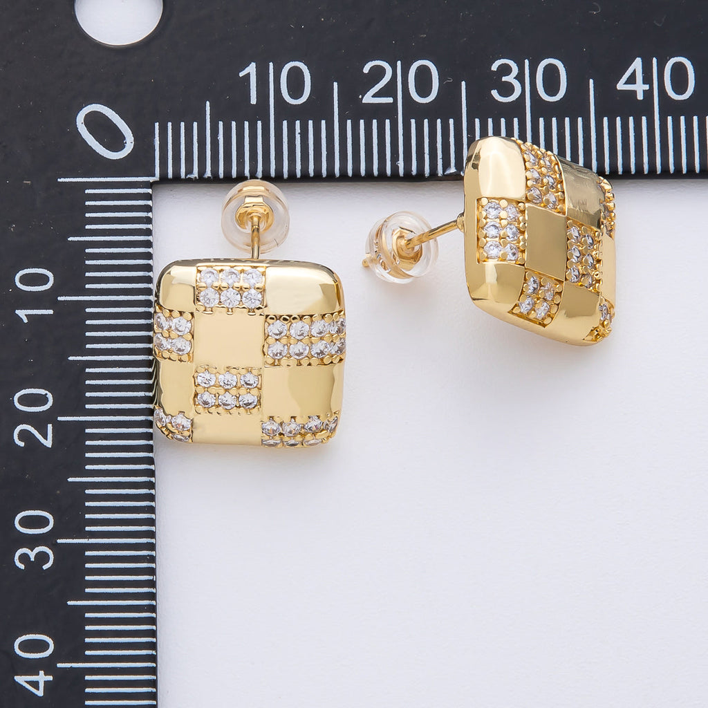 14K Gold Filled 15mm Micro Paved CZ Checkered Square Stud Earrings in Gold & Silver | Earrings-00021 Earrings-00022