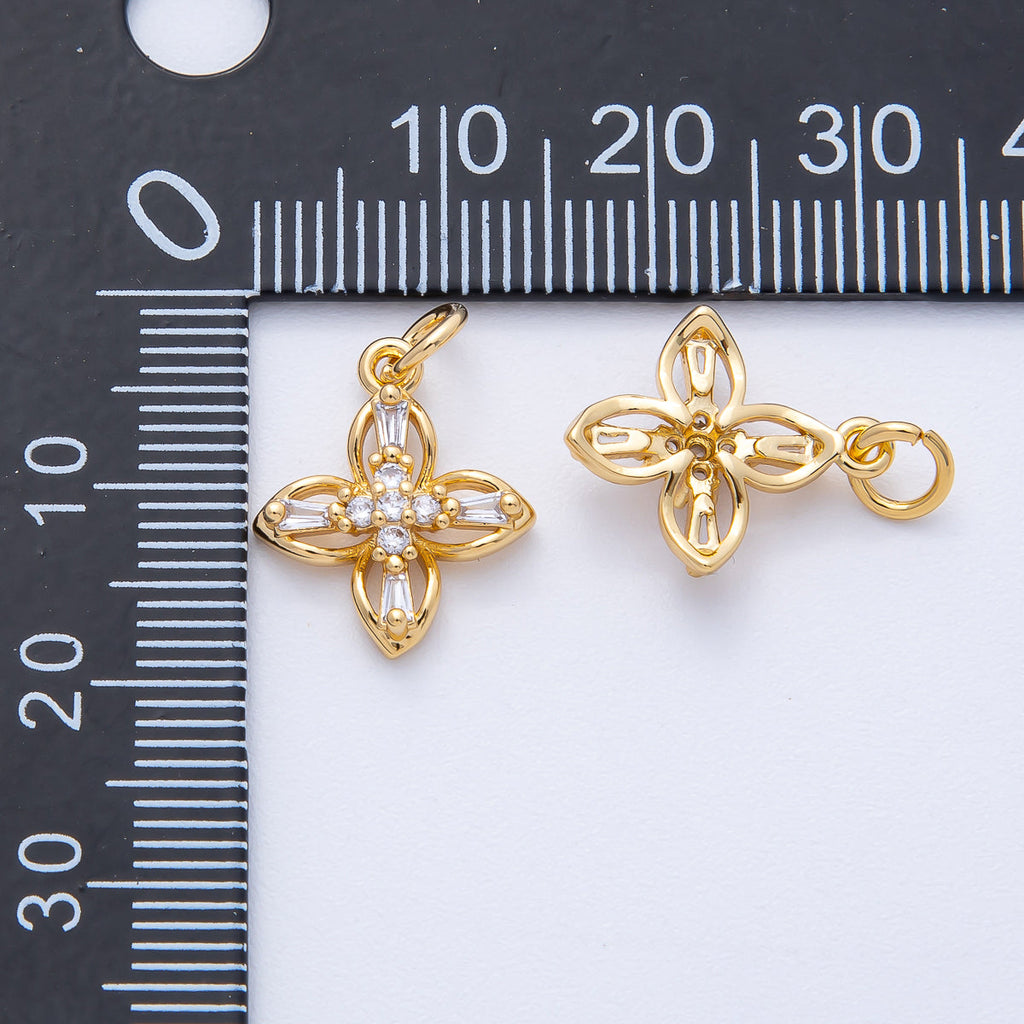 18K Gold Filled 16mm Clear Baguette Micro Paved CZ Clover Flower Open Charm | AK176