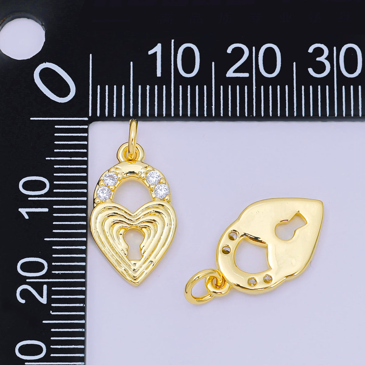 24K Gold Filled 18mm Micro Paved CZ Ribbed Heart Love Padlock Charm | AH641