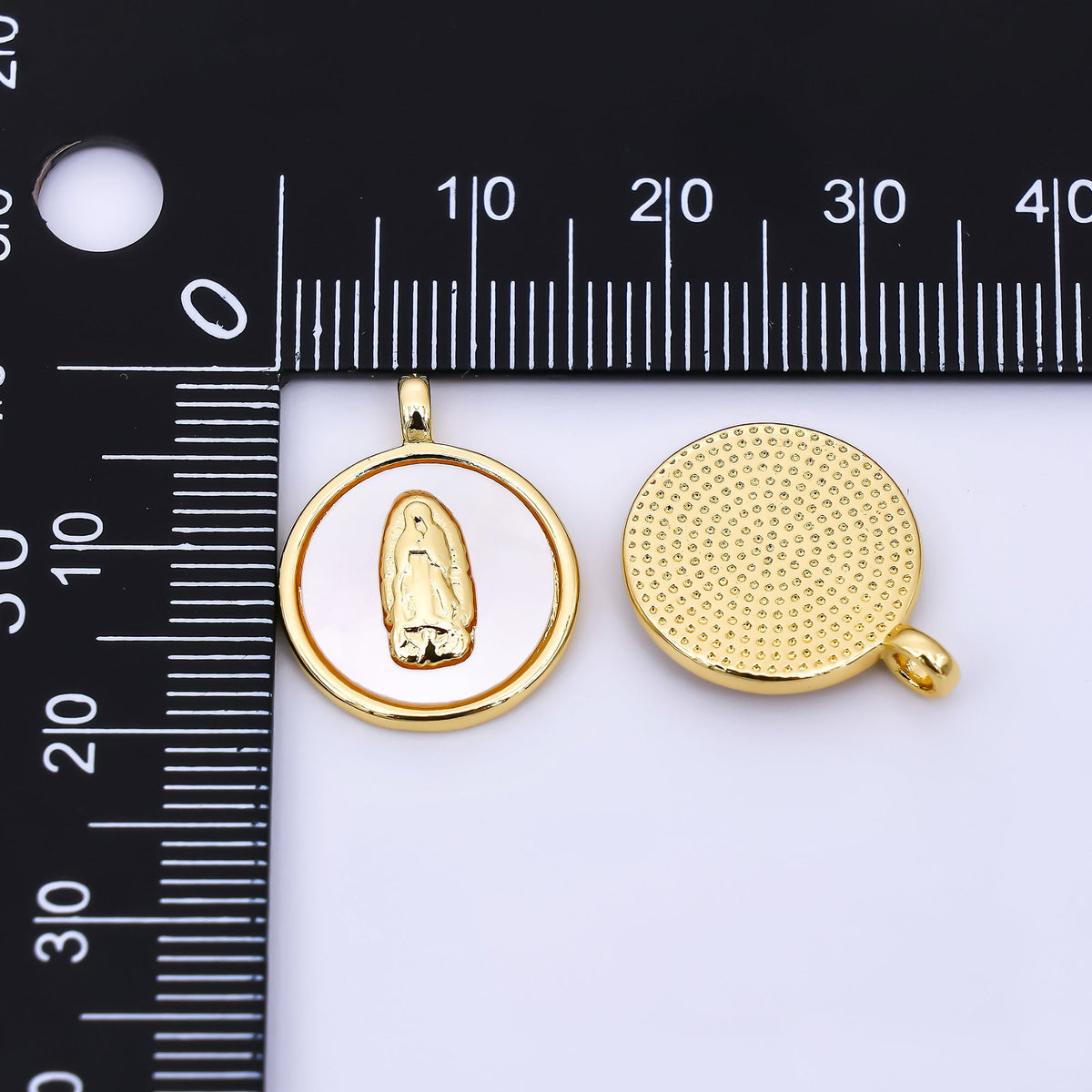 24K Gold Filled 20mm Mother Mary Shell Pearl Round Religious Charm | AH567