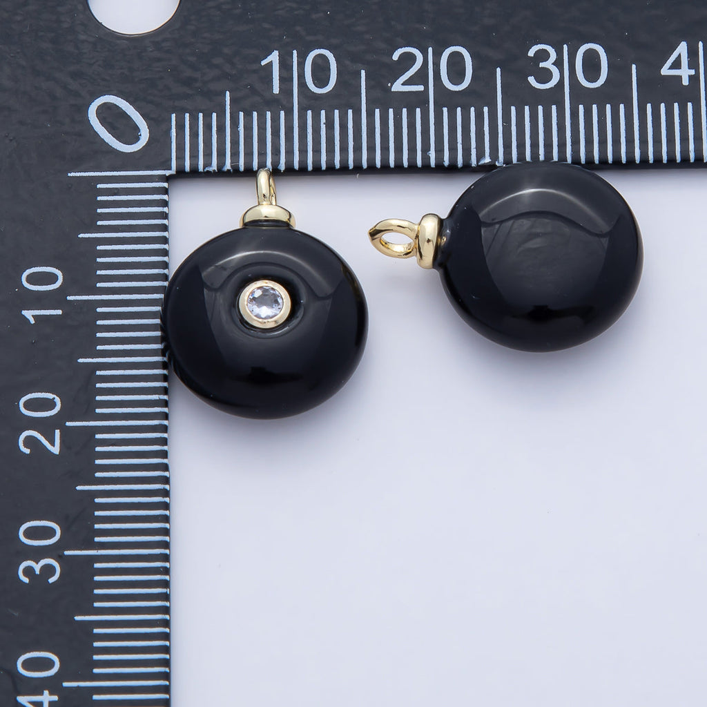 18K Gold Filled 20mm Clear CZ Embedded Black Onyx Round Gemstone Charm | AF1471