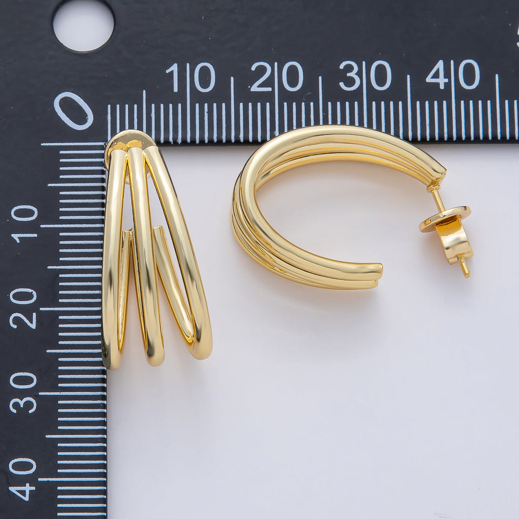 18K Gold Filled 25mm Triple Band Claw J-Shaped Hoop Earrings | AD1647