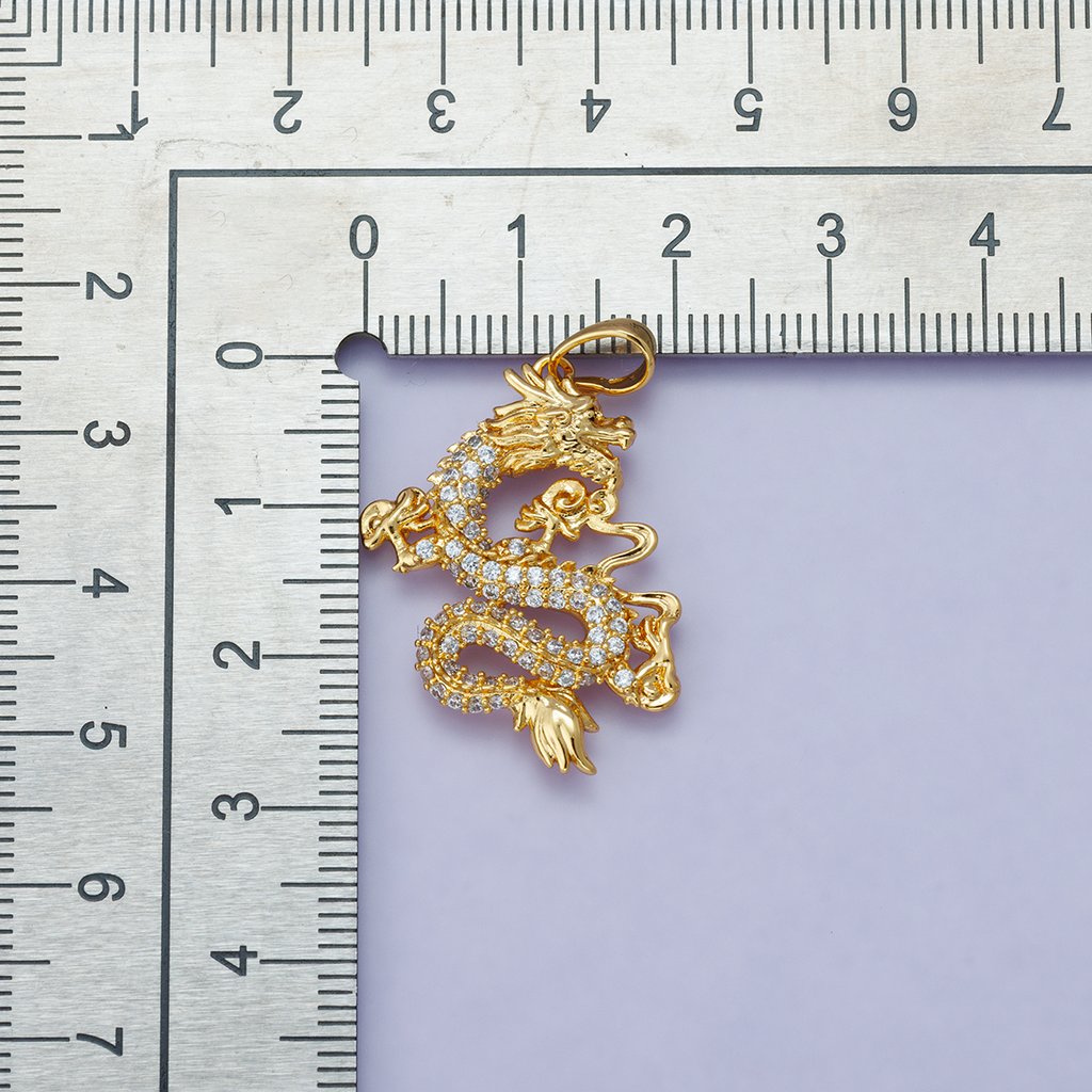 24K Gold Filled 28mm Micro Paved CZ Oriental Dragon Lucky Pendant | H00627