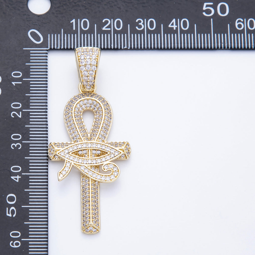 16K Gold Filled 48mm Micro Paved CZ Evil Eye Ankh Cross Religious Pendant | Charms-00209