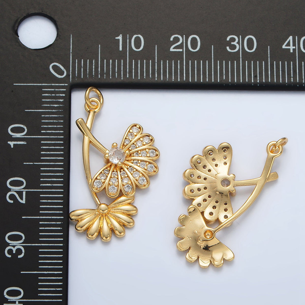 24K Gold Filled 25mm Micro Paved CZ Double Flower Plant Charm | AC140