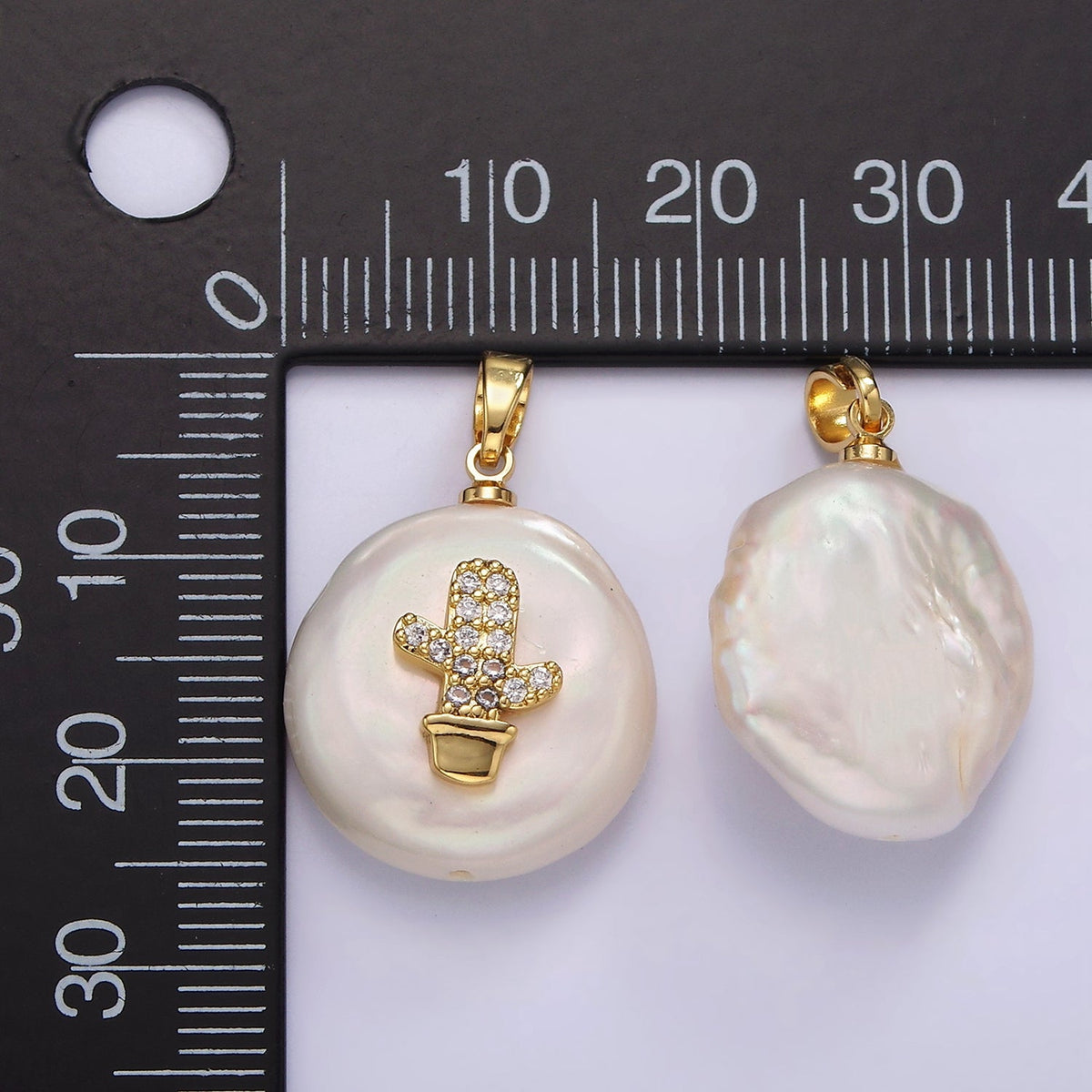 14K Gold Filled 30mm Micro Paved CZ Cactus Plant Round Keishi Freshwater Pearl Pendant | P1667
