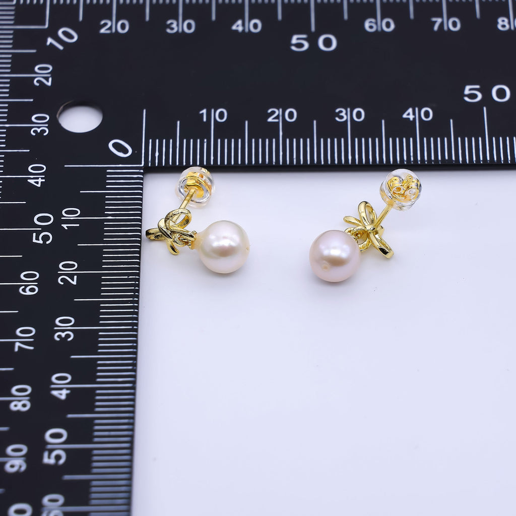 24K Gold Filled 10mm Freshwater Pearl Round Knot Bow Ribbon Drop Stud Earrings | Q417