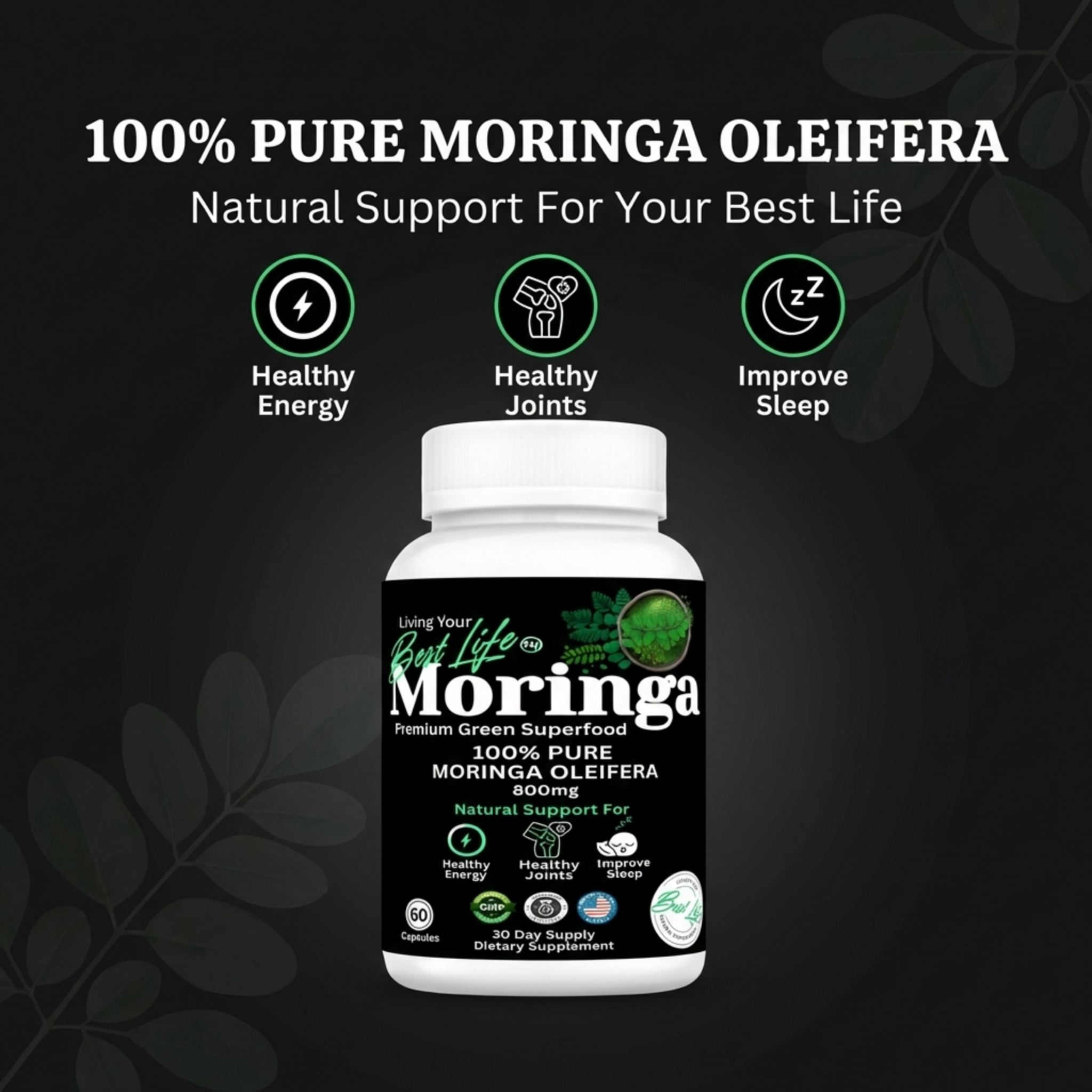 Moringa Capsules - Pure Moringa Powder, Energy, Skin, Immune & Gut Health Superfood, Rich in Antioxidants, Essential Vitamins & Amino Acids, Natural Green Superfood Supplement - 60 Count