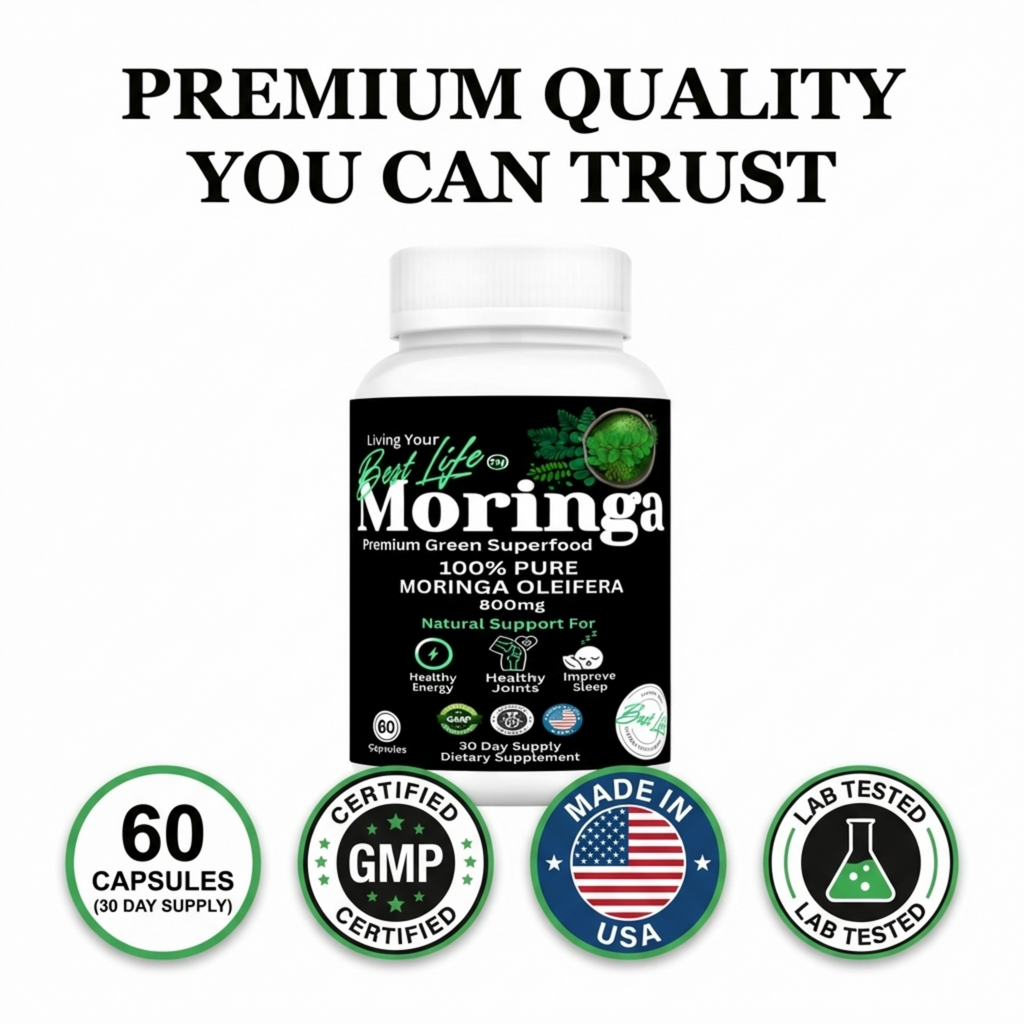 Moringa Capsules - Pure Moringa Powder, Energy, Skin, Immune & Gut Health Superfood, Rich in Antioxidants, Essential Vitamins & Amino Acids, Natural Green Superfood Supplement - 60 Count