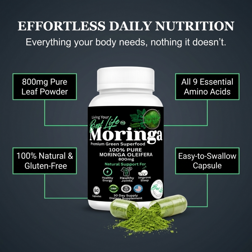 Moringa Capsules - Pure Moringa Powder, Energy, Skin, Immune & Gut Health Superfood, Rich in Antioxidants, Essential Vitamins & Amino Acids, Natural Green Superfood Supplement - 60 Count