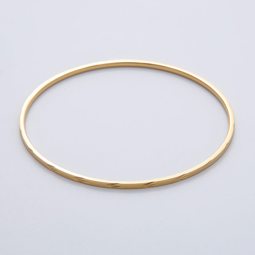 18K Gold Filled 2mm Thin Triple Lined Leaf Imprint Geometric Bangle Bracelet | WA-01457