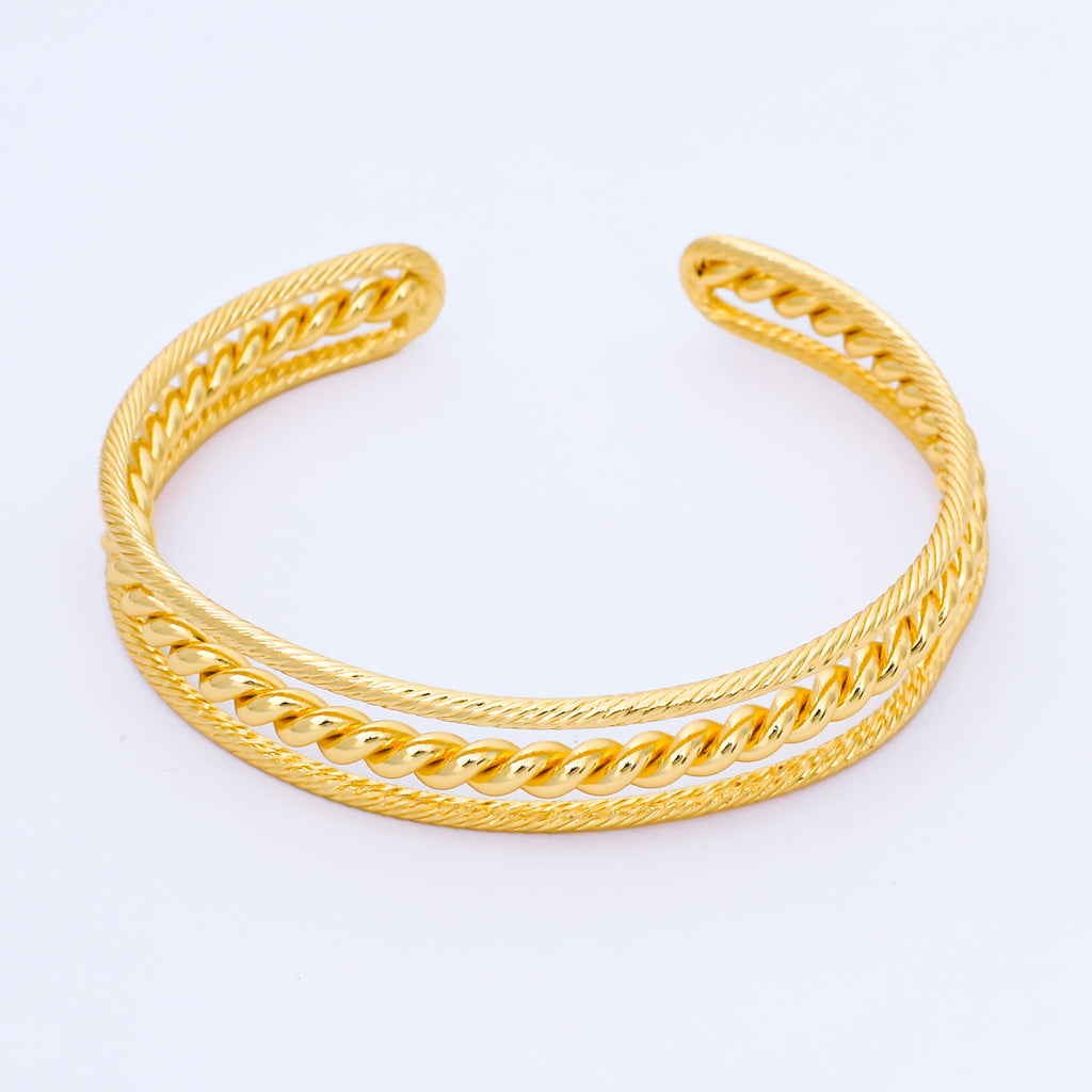 24K Gold Filled Twisted Rope Geometric Triple Band Cuff Bracelet | WA-01687