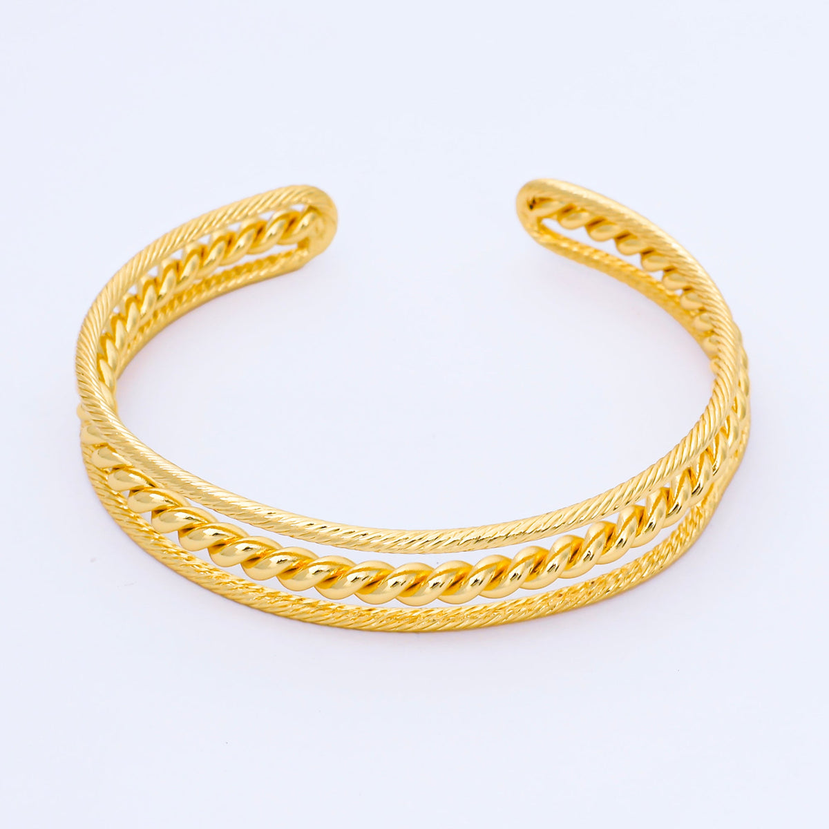 24K Gold Filled Twisted Rope Geometric Triple Band Cuff Bracelet | WA-01687