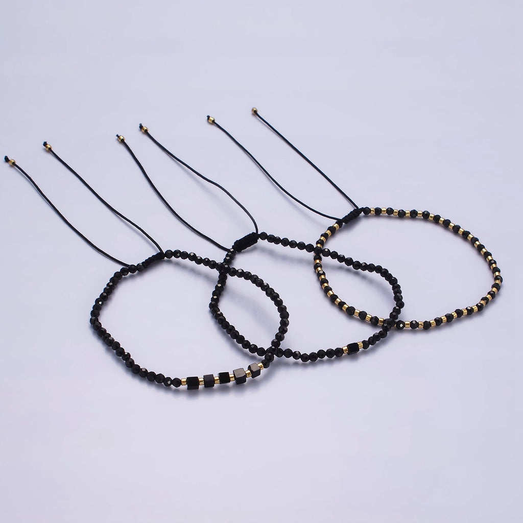 14K Gold Filled Black Onyx Multifaceted Rope Adjustable Friendship Bracelet | WA-02165 ~ WA-02167