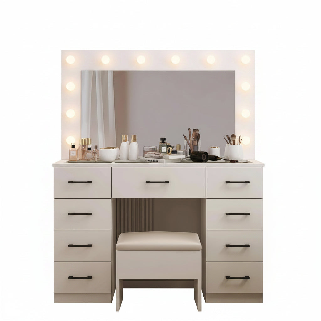 White Glass-Top Vanity Desk with Illuminated Mirror