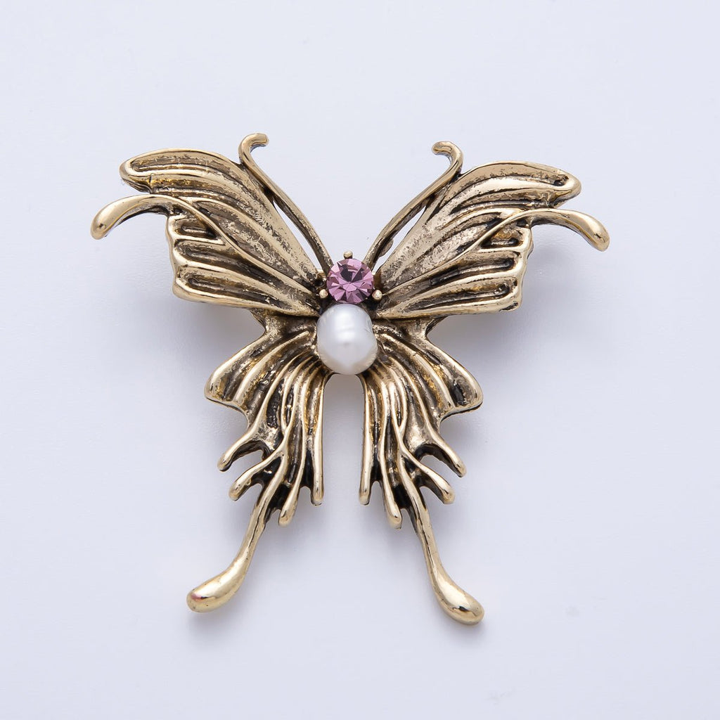Vintage Gold 41mm Purple CZ Shell Pearl Butterfly Mariposa Animals Brooch Pin | BH-016