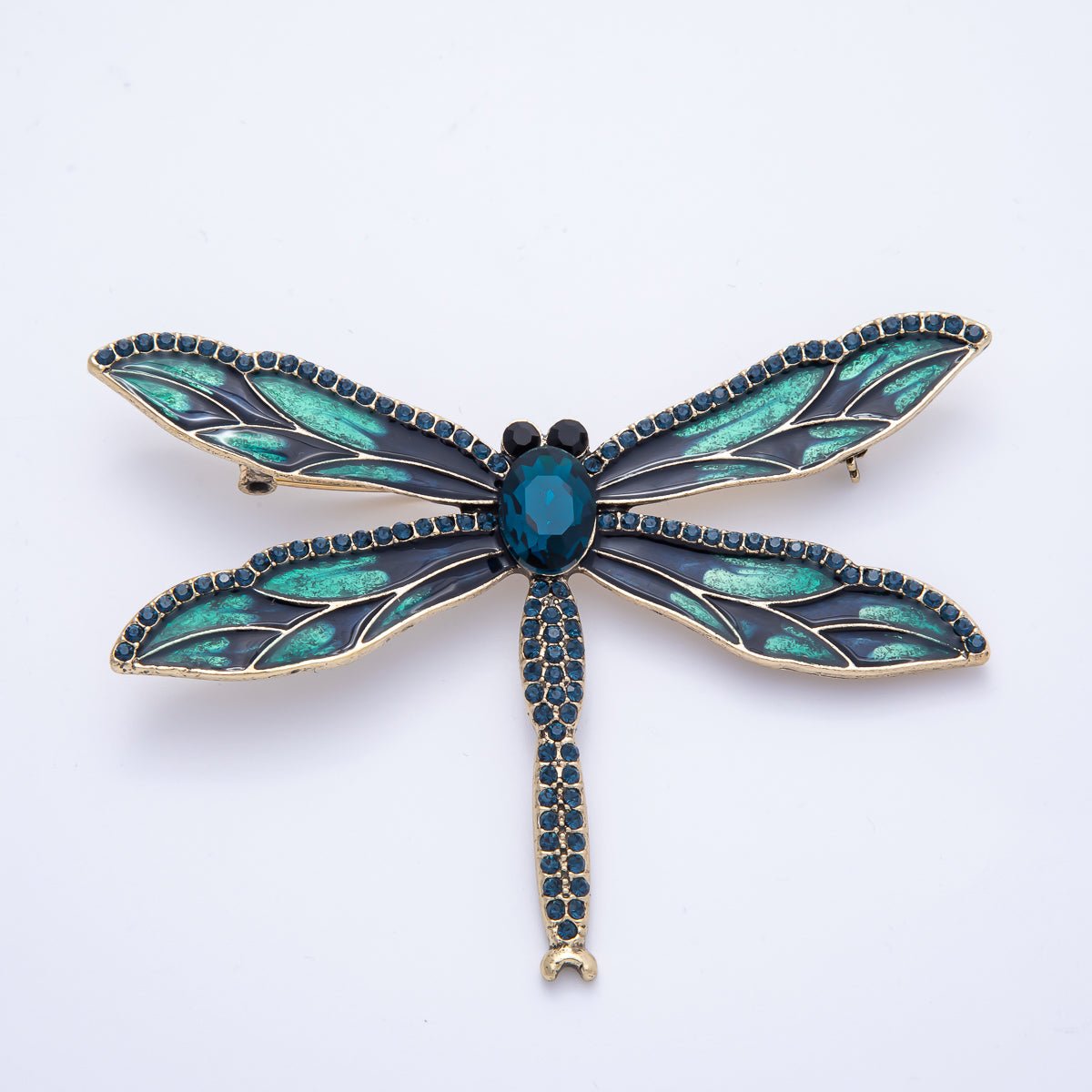 Antique Gold 94mm Blue Micro Paved CZ Dragonfly Insect Enamel Brooch Pin | BH-017