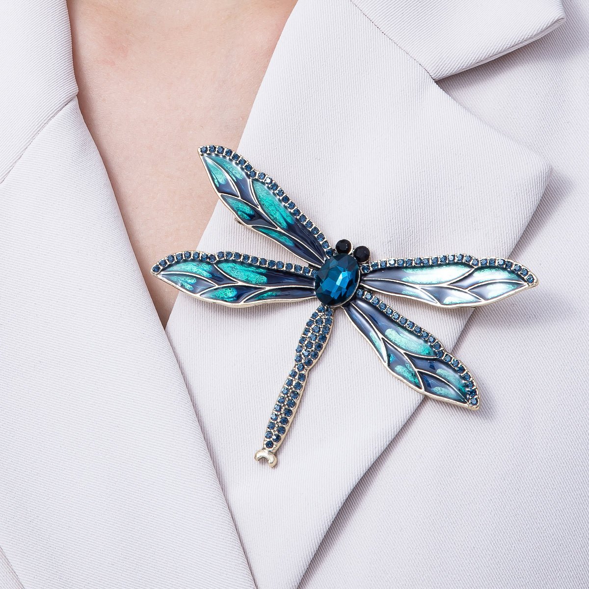 Antique Gold 94mm Blue Micro Paved CZ Dragonfly Insect Enamel Brooch Pin | BH-017