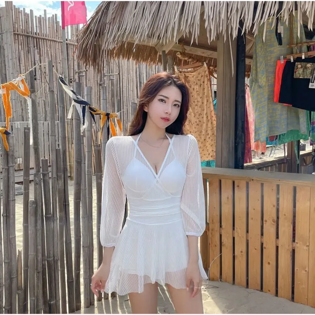 Mesh Low Cut Backless Swimsuit – Korean Beach Dress Biquinis 2025