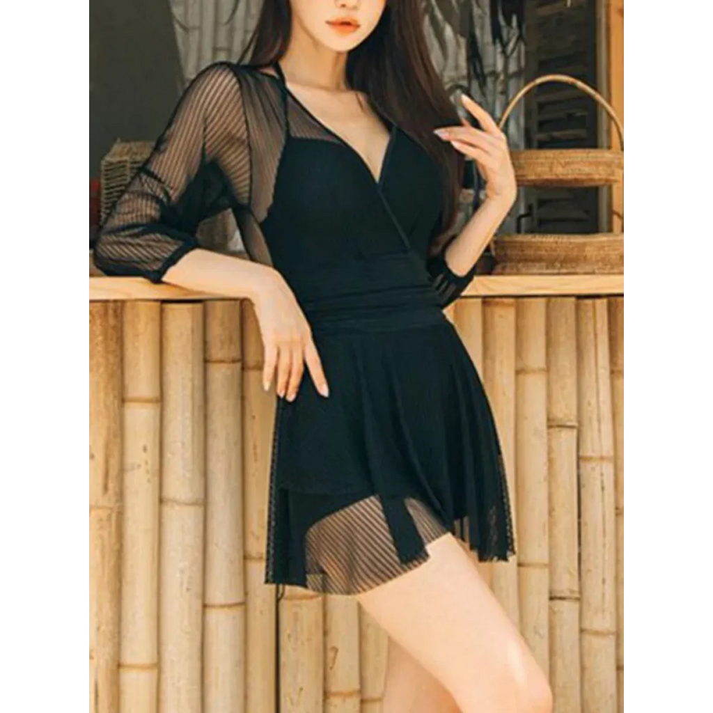 Mesh Low Cut Backless Swimsuit – Korean Beach Dress Biquinis 2025
