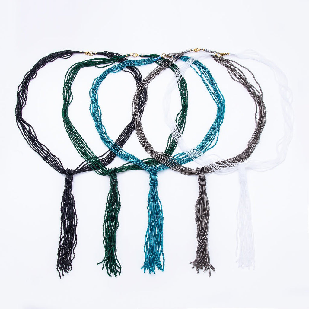 Black, Green, Blue, Grey, White Boho Multi Layer Fringe Knot Lariat Multifaceted Crystal Gemstone Chain 30 Inch Necklace | WA-01096 ~ WA-01142