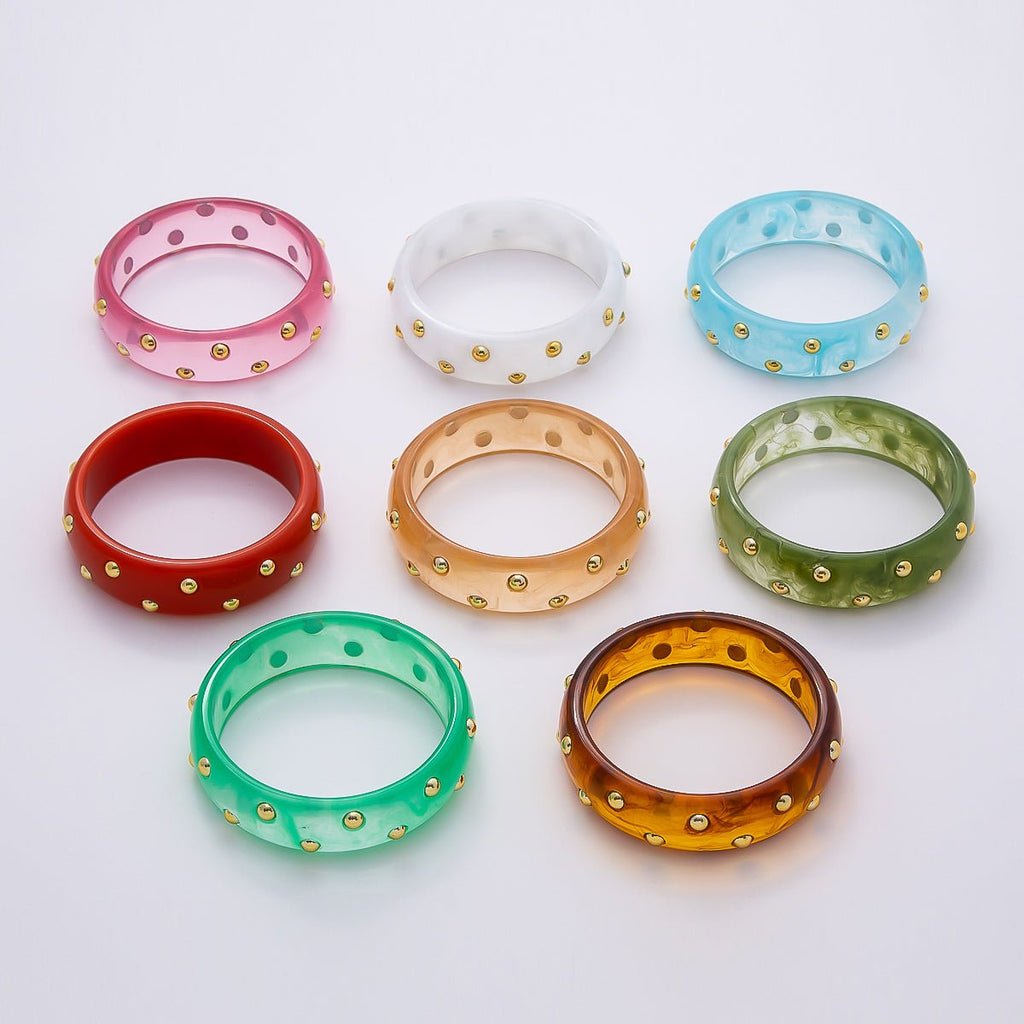 Brown, White, Red, Orange, Blue, Pink, Green, Teal Round Dotted Wide Acrylic Resin Bangle Bracelet | WA-04431 ~ WA-04438