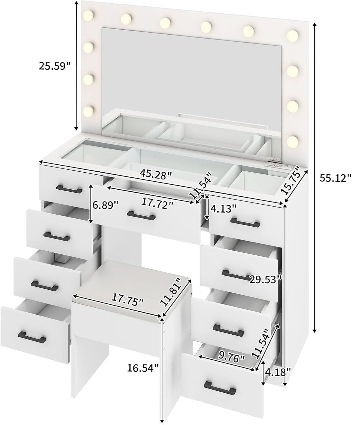 White Glass-Top Vanity Desk with Illuminated Mirror