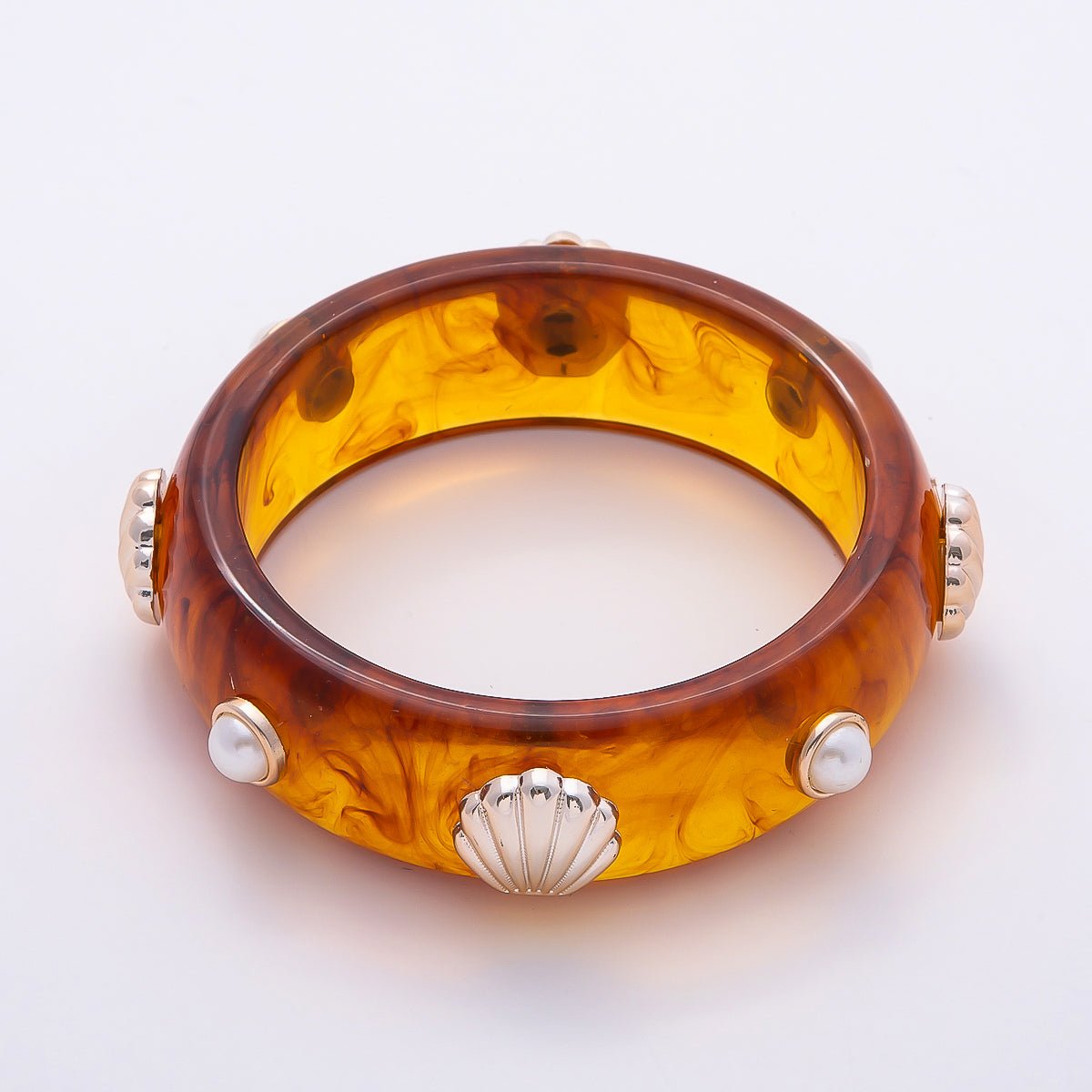 Clam Shell Pearl Brown Tortoiseshell Acrylic Resin Bangle Bracelet | WA-04441