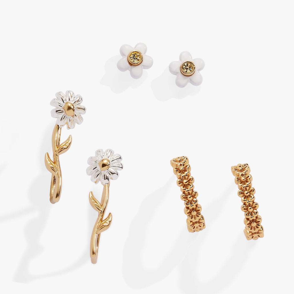 Daisy Flower Stud and Huggie Hoop Earring Set of 3