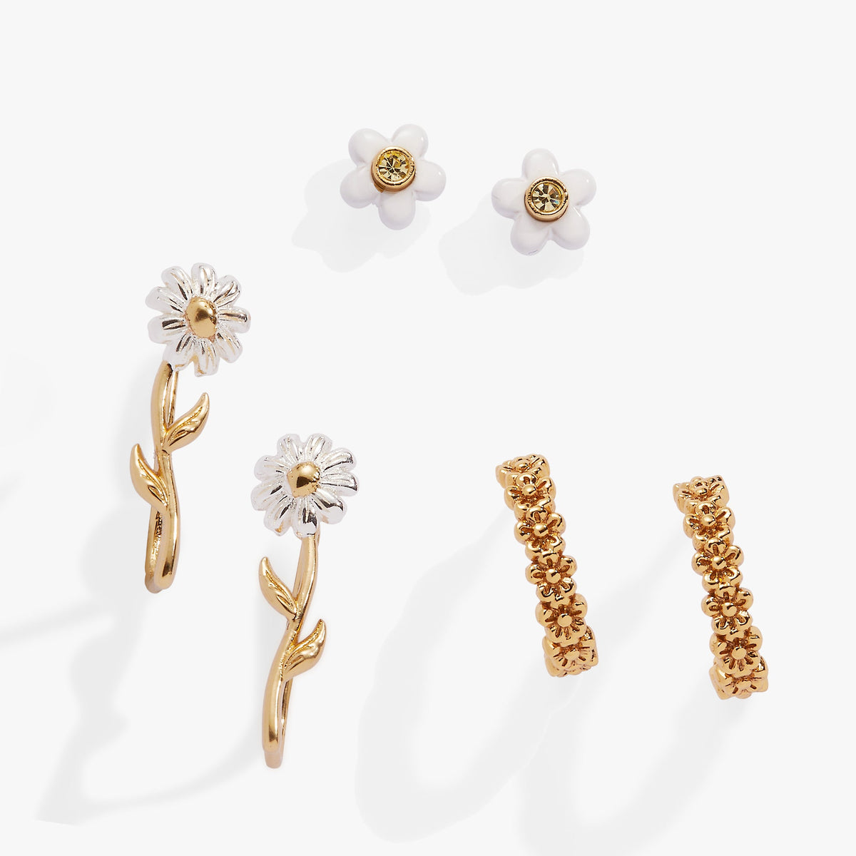 Daisy Flower Stud and Huggie Hoop Earring Set of 3