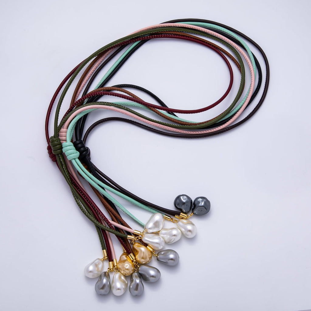 Freshwater Pearl Faux Leather Adjustable 33 Inch Lariat Necklace | WA-04367 ~ WA-04373