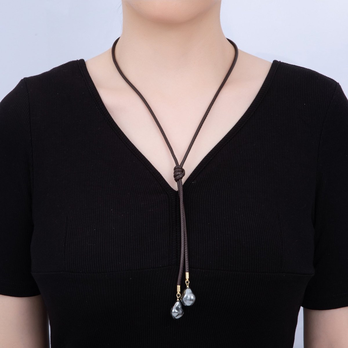 Freshwater Pearl Faux Leather Adjustable 33 Inch Lariat Necklace | WA-04367 ~ WA-04373